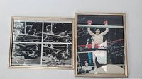 Framed color photograph of Ray Boom Boom Mancini with multiple autographs and inscriptions, showing him raising hands in ring after fight