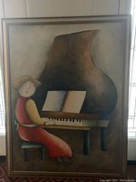 Full view of framed giclee painting showing woman in red dress playing grand piano with visible texture on canvas.