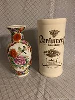 Both Chinese floral vase and ceramic canister jar shown side by side.