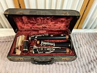 Clarinet pieces and reeds in open hard case with red velvet interior.