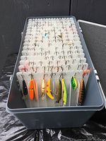 Grey plastic container with multiple compartment dividers filled with assorted fishing lures sorted by rows