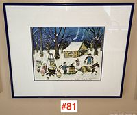 Framed artwork showing full composition of winter scene with snow, trees, cabin and figures under glass