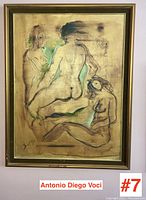 Straight-on view of framed painting showing four nude figures against gold ground.