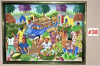 Full frontal view of the framed painting showing a Haitian market scene by Edgard Lavache.