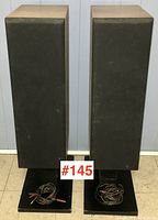 Front view of both speakers on stands with cables coiled at base