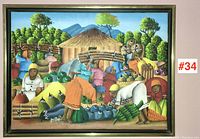 Full view of framed oil painting depicting Haitian village harvest scene with multiple figures, hut, foliage and mountains