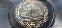 Close-up image of Victor record label reading 'Waiting at the End of the Road' by Daniel Haynes and Dixie Jubilee Singers, showing vintage label with minor scratches and central spindle hole.