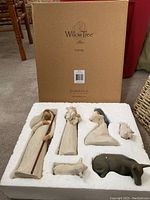 Full set of six Willow Tree Nativity sculptures in original packaging foam insert with box behind.
