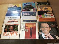 Overview photo of 20 LP records arranged in four rows showing artists such as Bing Crosby, Dean Martin, Harry Belafonte, Eddie Calvert, Frank Sinatra, and others.