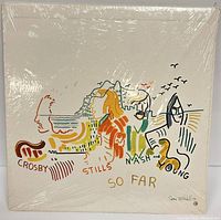 Front cover of Crosby Stills Nash Young So Far album sealed in plastic wrap, shows original artwork with stylized portraits in soft colors.