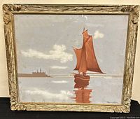 Framed pastel painting depicting a red sailboat on calm waters with a castle silhouette in the distance under a cloudy sky.