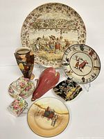 Collection of assorted chinaware including Royal Doulton plate, Royal A Winton Grimwades wall pocket vase, H & K Tunstall vase, cups and smaller plates.