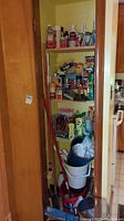 View of the closet shelf stocked with a variety of cleaning bottles, mop, buckets, and brushes.