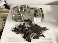 Photo showing the full lot on table: Gense 4-section dish, Danish tray, vintage IKEA salt and pepper shakers, copper Syroco bird with floral branch decor