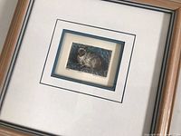 Framed etching of Siamese cat on wall showing overall look and frame.