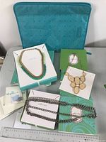 Overview of the jewelry lot with three necklaces, organizer, polishing cloths, extra earring backs, and packaging displayed on a flat surface with ruler for scale.