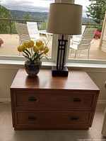 Dresser with lamp and floral decor on top, outdoors visible through window.