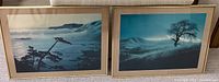 Two framed nature scape prints displayed side-by-side with ocean and tree scenes.