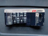Clear packaging showing all five metal air connectors and coupler from Campbell Hausfeld, labeled 1/4 in. connector kit.