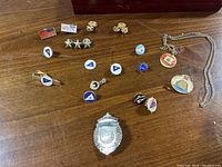 Photo showing marine-themed enamel pins, badges, and a chain with pendant on wooden surface