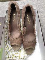 Front view of ladies Supertrash heels in deep taupe with open toe, inside original box showing fabric and condition.