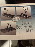 Box front showing pictures of using the mat under a treadmill, elliptical machine, and weight equipment