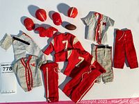 Overview of all football-related clothing and equipment pieces for vintage Ken doll including helmets, jerseys, pants, shirt, pads, football
