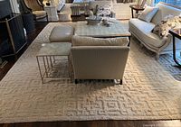 Full view of cream rug under living room seating showing overall size and condition