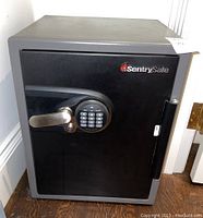 Front view of Sentry Safe showing electronic keypad lock, metal handle, and Sentry Safe logo on the door.