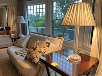 Pair of lamps on wooden table in living room setting