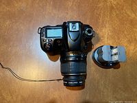 Overview showing camera with lens, charger and batteries