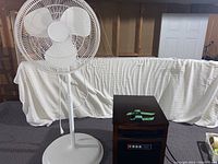 Wide view showing the white standing pedestal fan and the Duraflame wooden cabinet space heater side by side on a carpeted floor.