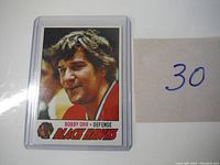 Front of 1977 Bobby Orr Black Hawks hockey card in protective case with label '30'