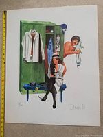 Full view of the signed and numbered print showing the illustration of a woman by a locker bench with clothing and accessories.