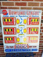 Front view of colorful Plexiglass arcade backglass for Chicago Coin Bowling League game showing scoring areas and player numbers for 6 players