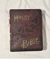 Front cover of antique Holy Bible showing dark brown textured cover with embossed leaves and gold lettering.