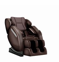 Front three-quarter view of brown massage recliner showing padded seat, armrests, leg modules