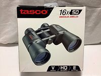 Box front showing image of Tasco 16x50 binoculars and branding