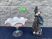 Art-Deco style dancing figurine standing next to white glass candy bowl with red ruffled edge on a clear pedestal base, set against a gray brick wall.