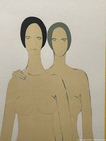Close-up view of the two stylized nude females in the artwork, showing fine lines and muted colors.