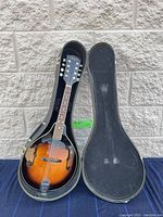 Photo of Vester mandolin inside open black carrying case showing sunburst body, headstock with Vester logo, and eight tuning pegs