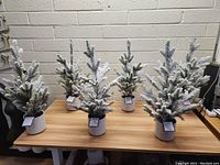 Front view showing all six small artificial winter trees in white pots on a wooden table against a white brick wall.