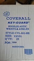 Box showing details of disposable coveralls brand Key-Guard, size XXXXL, 25 per box, latex free.