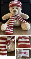 Full view of Aeropostale bear plush with red and white striped knit hat and scarf, showing front pose seated.