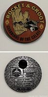 Front and back views of a circular Disney Marvel Guardians of the Galaxy collector's pin featuring Rocket and Groot.