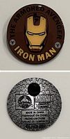 Front and back views of a round Iron Man enamel collector's pin with 'The Armored Avenger' text and Marvel branding on the back.