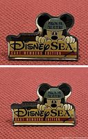 Front and back of the Disney Sea Cast Member Edition pin showing Mickey Mouse and text details.