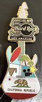 Close-up of the pin showing the Hard Rock Los Angeles logo and California Republic design on guitar shape.