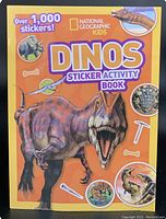 Front cover of the orange National Geographic Kids Dinos Sticker Activity Book showing a large dinosaur illustration and various small dinosaur icons and bones, with text highlighting over 1,000 stickers included.