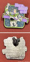 Front of the Disney Pixar Toy Story Lightyear collectible pin showing detailed illustration of Buzz Lightyear and Spanish phrase.